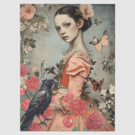 Vintage Victorian Girl Raven & Red Cabbage Roses Seidenpapier