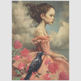 Vintage Victorian Girl Raven & Red Cabbage Roses Seidenpapier