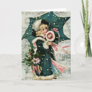 Vintage Victorian Girl with Umbrella Christmas Feiertagskarte