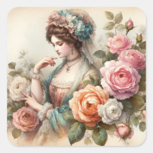 Vintage-Victorian-Lady-und-Rosen-Aquarell  Quadratischer Aufkleber