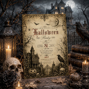 Vintage-Victorian-Rabe-Spukhaus-Halloween Einladung
