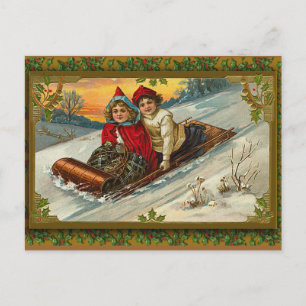 Vintage Victorian Sledding Illustration on Cards Feiertagspostkarte