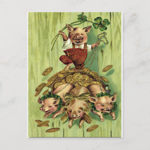 Vintage Vier-Blatt-Kleeblatt-Schwein Gold St. Patr Postkarte