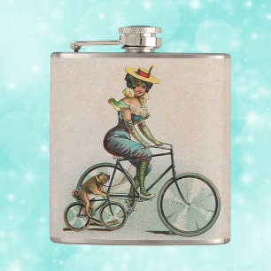 Vintage Viktorianische Dame Hund Fahrrad Flachmann