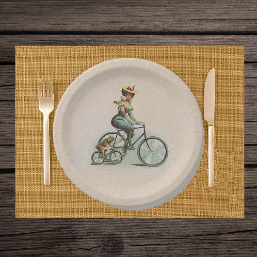 Vintage Viktorianische Dame Hund Fahrrad Pappteller