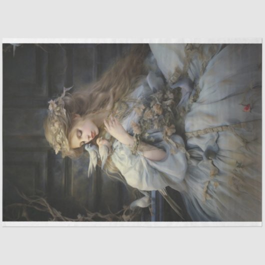 Vintage Viktorianische Dame mit Vogeldekoupage Seidenpapier (Vorderseite)