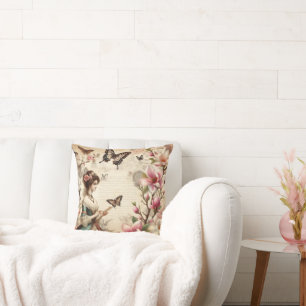 Vintage Viktorianische Dame und Schmetterlinge ent Kissen