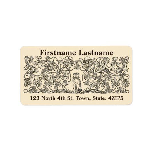 Vintage Viktorianische Era Cat, Clover & Birds Adressaufkleber (Vorne)