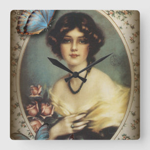 Vintage viktorianische florale Retro-Frau Quadratische Wanduhr