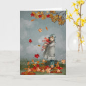 Vintage Viktorianische Girl Holding Herbstlaubs Ca Karte (Gelbe Blume)