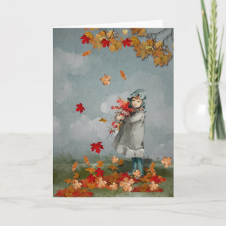 Vintage Viktorianische Girl Holding Herbstlaubs Ca Karte
