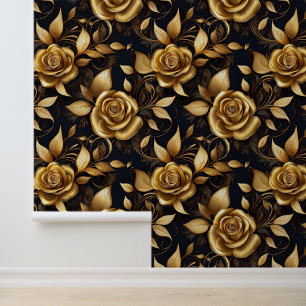 Vintage Viktorianische Gold-Blumen-Rose auf Schwar Tapete