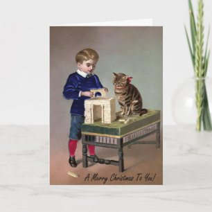 Vintage viktorianische Katzenkunst Weihnachtskarte Feiertagskarte