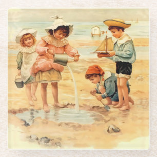 Vintage viktorianische Kinder am Strand Fine Art Glasuntersetzer