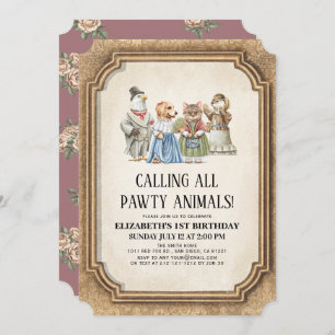 Vintage Viktorianische Pawty Animals Girl Geburtst Einladung