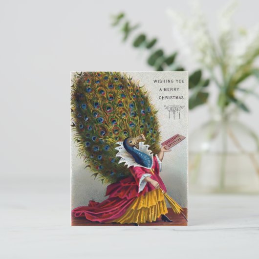 Vintage Viktorianische Pfauenweihnachtskarte Postkarte (Stehend Vorderseite)