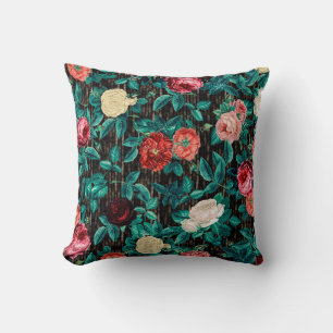 Vintage Viktorianische Rose auf Streifen Schwarz u Kissen