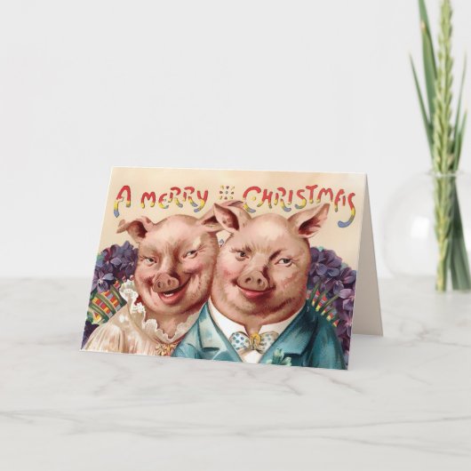 Vintage Viktorianische Schweine Weihnachtskarte Feiertagskarte (Vorderseite)