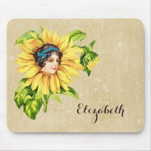 Vintage Viktorianische Sommersonnenblume mit Namen Mousepad