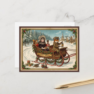 Vintage viktorianische Weihnachts-Fuchs-Schlittenf Feiertagspostkarte