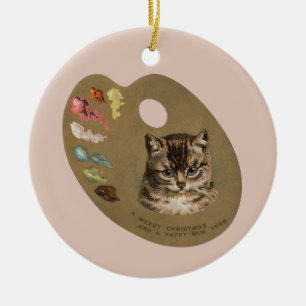 Vintage viktorianischer Cottagecore-Weihnachtskatz Keramik Ornament