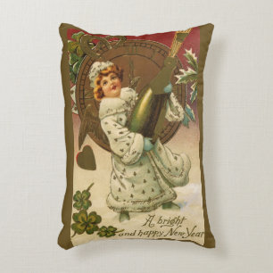 Vintage viktorianischer Neujahrsengel mit Champagn Dekokissen
