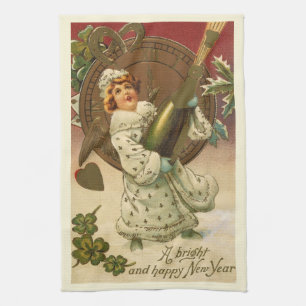 Vintage viktorianischer Neujahrsengel mit Champagn Geschirrtuch