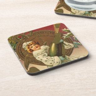 Vintage viktorianischer Neujahrsengel mit Champagn Getränkeuntersetzer