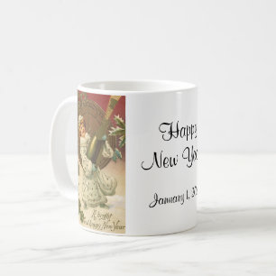 Vintage viktorianischer Neujahrsengel mit Champagn Kaffeetasse