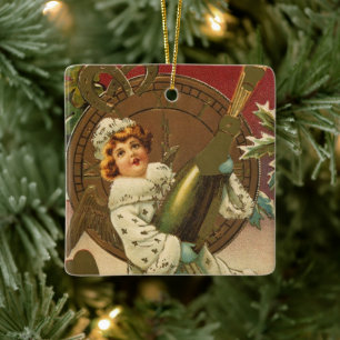 Vintage viktorianischer Neujahrsengel mit Champagn Keramikornament