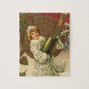 Vintage viktorianischer Neujahrsengel mit Champagn Puzzle