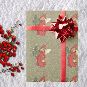 Vintage viktorianischer roter Weihnachts-Engel-Bau Geschenkpapier