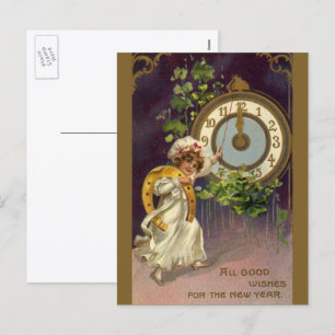 Vintage viktorianischer Silvesterabend, Uhr um Mit Feiertagspostkarte