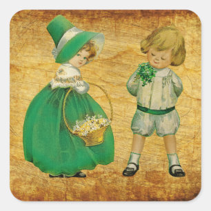 Vintage viktorianisches kleines Mädchen und Junge Quadratischer Aufkleber