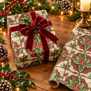 Vintage viktorianisches Weihnachts-Stechpalme rote Geschenkpapier