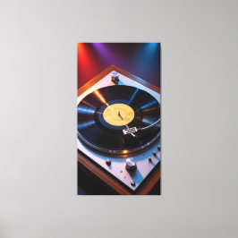 Vintage vinyl records spinning under colored light leinwanddruck