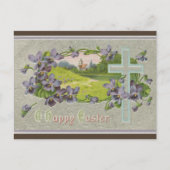 Vintage violette Blumen und Osterkreuz Postkarte (Vorderseite)