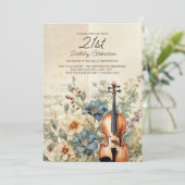Vintage Violin Dusty Blue Blumen 21. Geburtstag Einladung (Stehend Vorderseite)