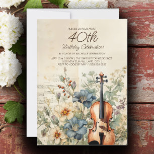Vintage Violin Dusty Blue Blumen 40. Geburtstag Einladung