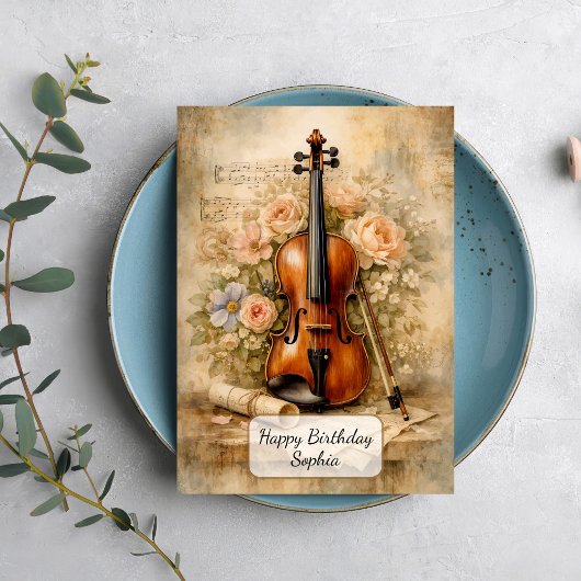 Vintage Violin Floral Composition Karte