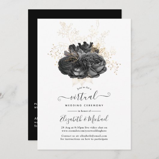 Vintage Virtual Wedding in Schwarz und Gold Einladung (Vorne/Hinten)