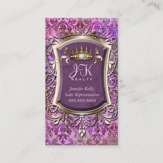 Vintage Visitenkarte Damask Frame Gold Crown (Vorderseite)