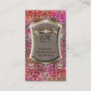 Vintage Visitenkarte Damast Wildleder Rosa Krone