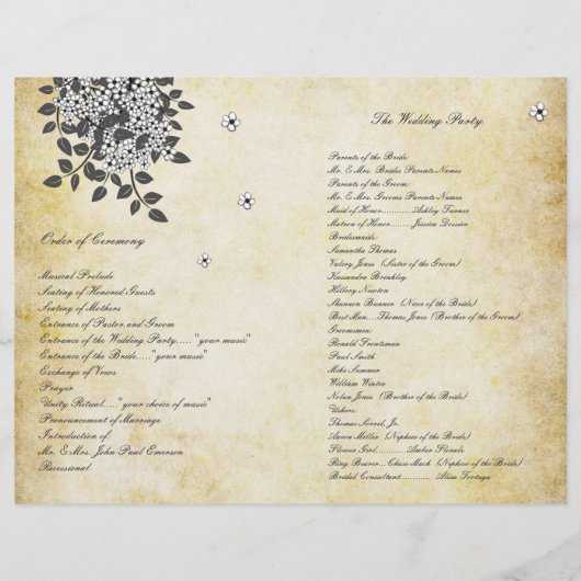 Vintage Vögel auf Zweig-Zweifeln-Hochzeitsprogramm (Rückseite)