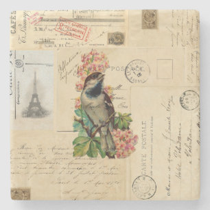 Vintage-Vogel-Blumen-französische Postkarten-Unter Steinuntersetzer