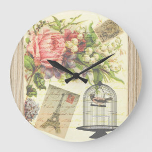Vintage-Vogel-Blumen-Französischer-Eiffelturm Große Wanduhr