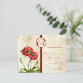 Vintage Vögel Damask Poppy Wedding RSVP Karte (Stehend Vorderseite)