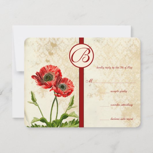 Vintage Vögel Damask Poppy Wedding RSVP Karte (Vorderseite)