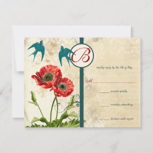 Vintage-Vögel-Damasko-Mohn-Hochzeitseinladung RSVP Karte