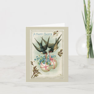 Vintage Vögel, die Ostereier tragen Gelbe Note Feiertagskarte